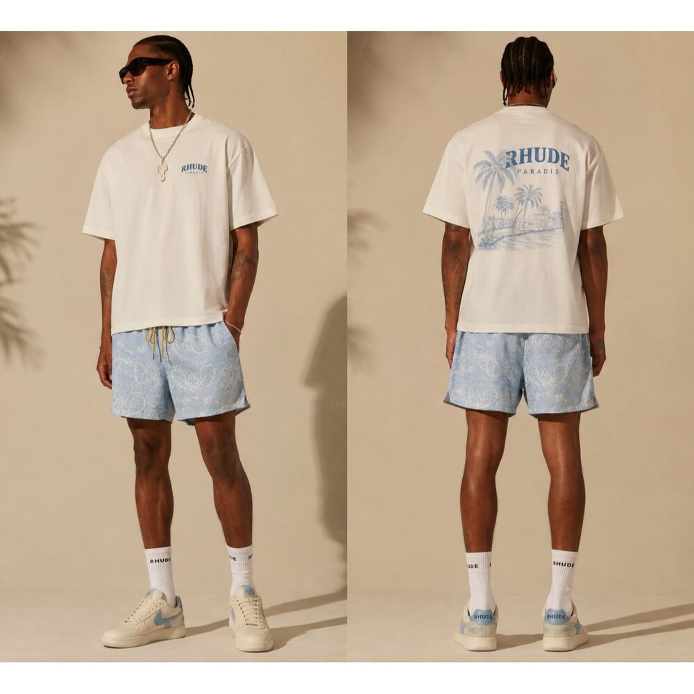 RHUDE Men’s XL Blue White Paisley Bandana Swim Shorts Lined Drawstring Luxury
